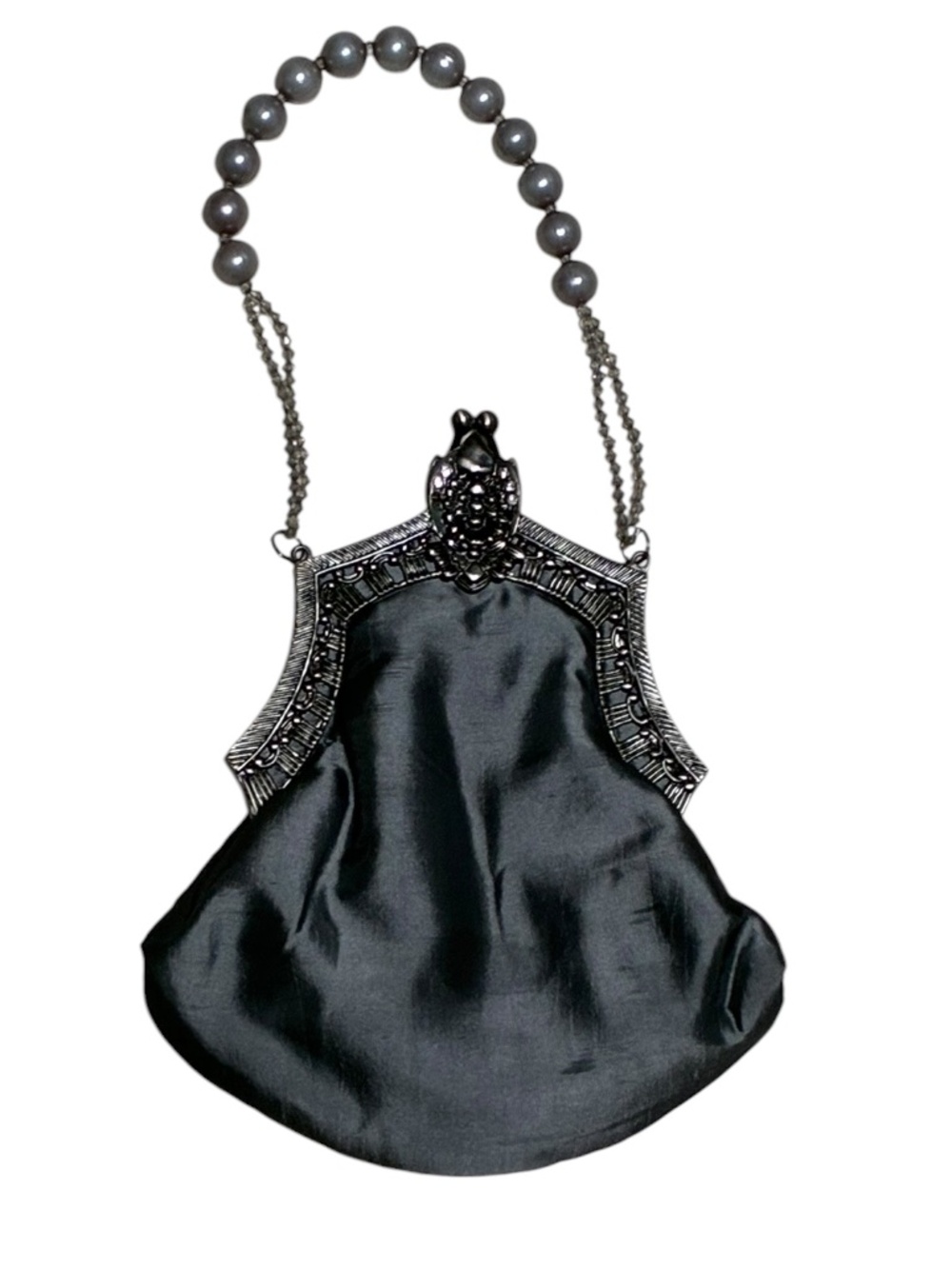Unique Smoke Silver bag with a beaded pearl like handle ornate closure See Flaw